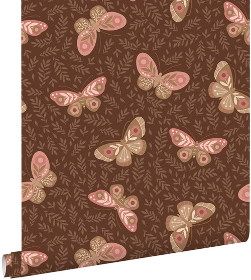 ESTAhome behang vlinders donkerbruin en roze - 50 x 900 cm - 131888