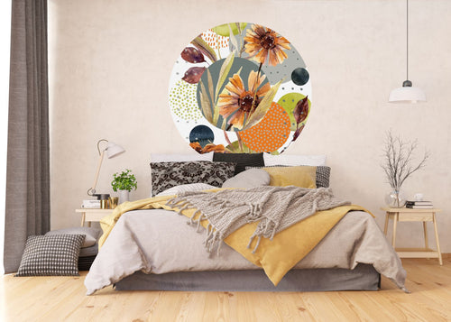 Sanders & Sanders zelfklevende behangcirkel bloemen groen, oranje en grijs - Ø 140 cm - 601143