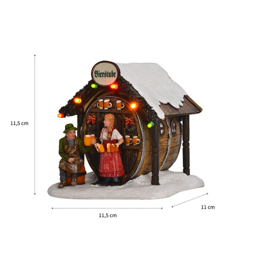 Luville Kerstdorp Miniatuur Bierstube - Kerstversiering Kerstdorpminiatuur met Verlichting - Guirlande Café in Biervat Vorm - Kerstslingers met Vrouw