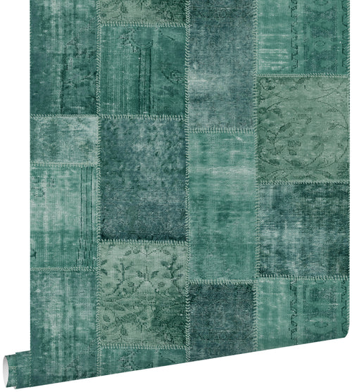 ESTAhome behang Marrakech kelim patchwork tapijt smaragdgroen - 53 cm x 10.05 m - 148652