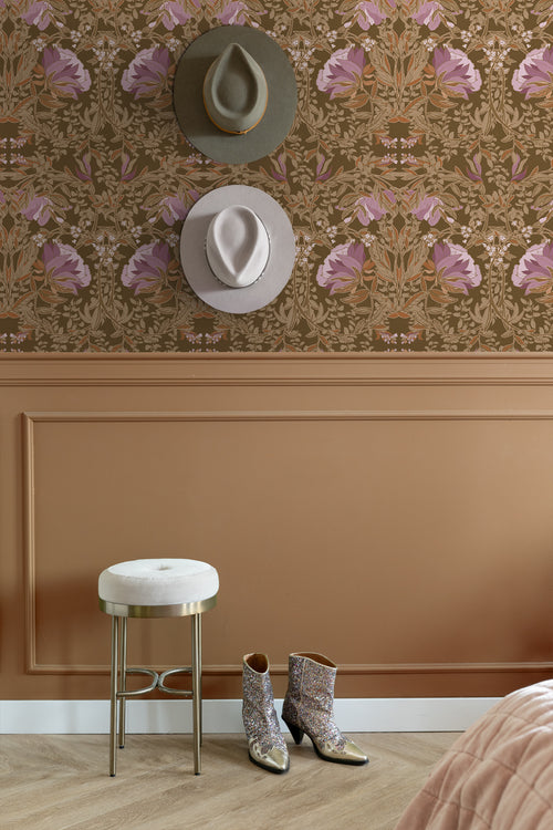 ESTAhome behang vintage bloemen in art nouveau stijl bruin en mauve paars - 50 x 900 cm - 131729