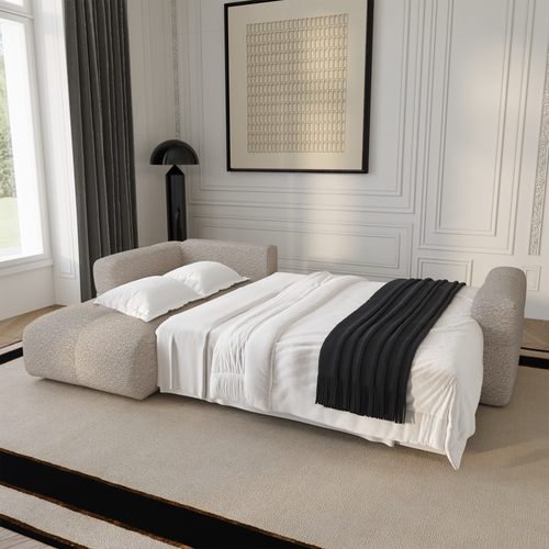 Premium Interiors - Linkshoekbank met slaapfunctie en opbergruimte VIBE - bouclé-stof beige 286cm