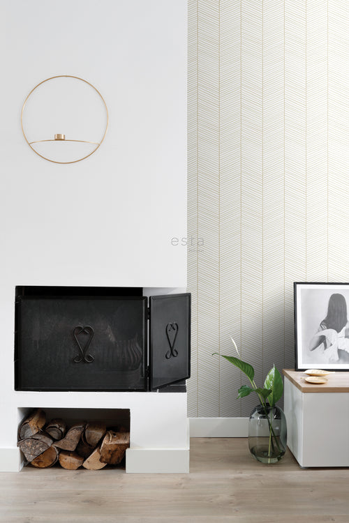 ESTAhome behang visgraat-motief wit en goud - 53 cm x 10.05 m - 139135