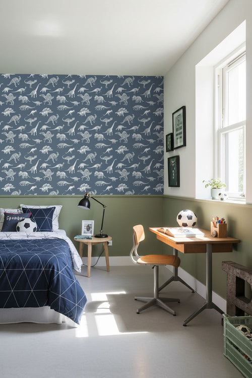 ESTAhome behang dinosaurussen vergrijsd blauw - 50 x 900 cm - 131805