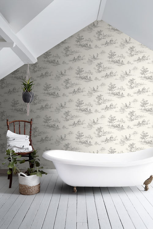 ESTAhome behang toile de jouy print grijs - 50 x 900 cm - 132106