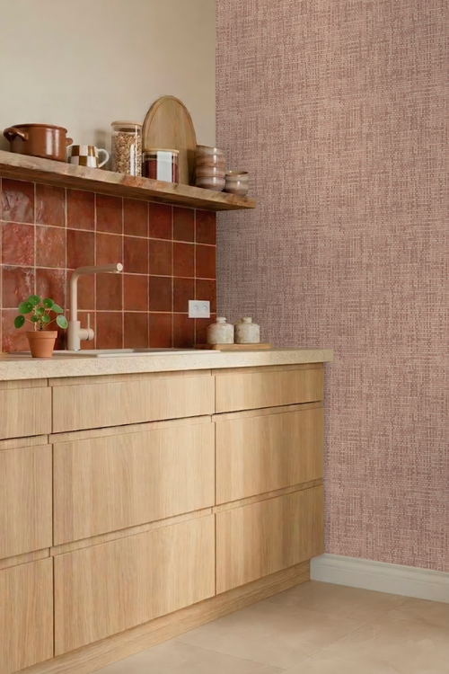Origin Wallcoverings behang geweven linnenstructuur terracotta roze - 50 x 900 cm - 348054