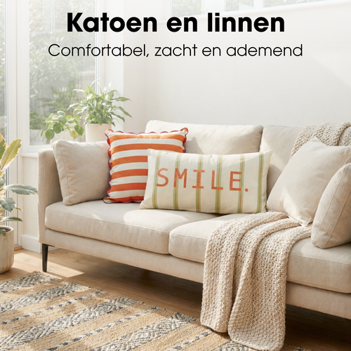 Mica Decorations Smile Sierkussen - Kussen met Kussenhoes - Woondecoratie Woonkamer - 55 x 35 x 10 cm - Katoen - Groen, Off-white, Oranje