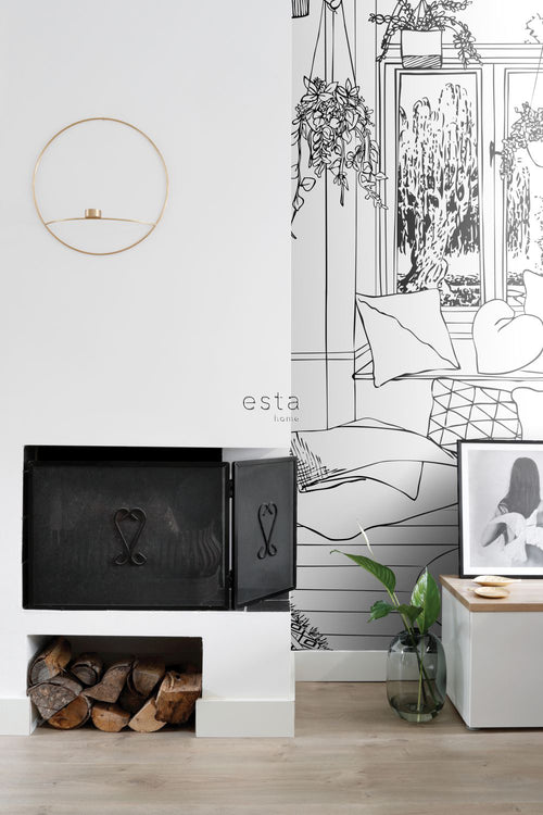 ESTAhome fotobehang tekening woonkamer lounge zwart wit - 139.5 x 279 cm - 158814 - vtwonen shop