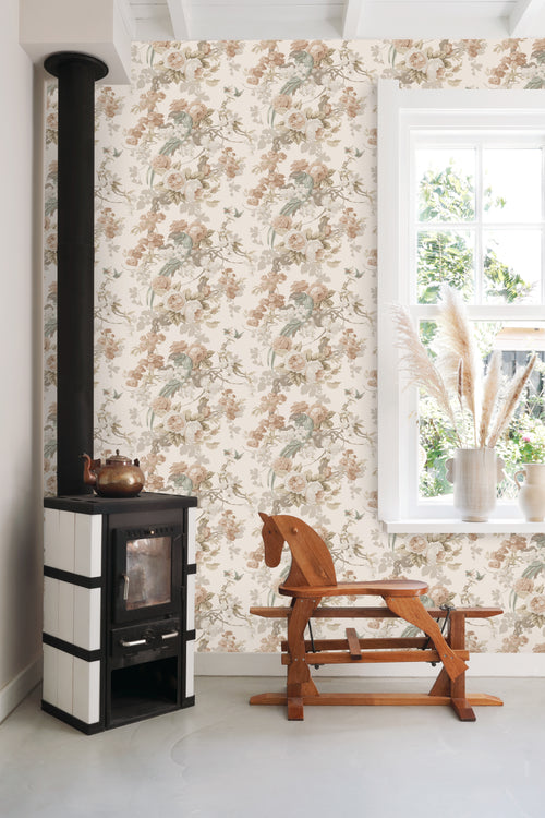 ESTAhome behang bloemen en vogels beige - 50 x 900 cm - 139807 - vtwonen shop