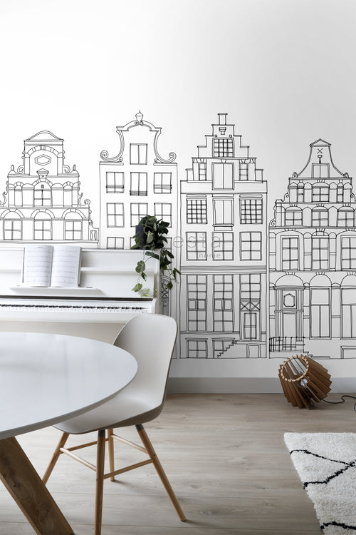 ESTAhome fotobehang getekende Amsterdamse grachtenhuisjes zwart en wit - 300 x 279 cm - 159103 - vtwonen shop