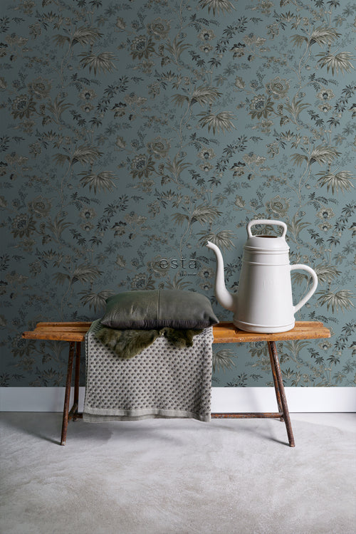 ESTAhome behang vintage bloemen vintage blauw - 50 x 900 cm - 139402