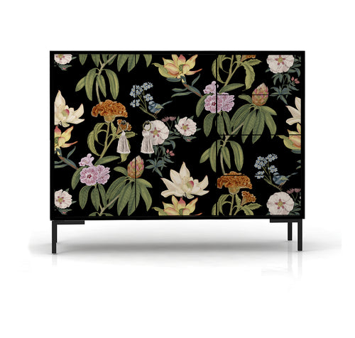 Laag dressoir met 2 deuren en 4 laden van MDF met zwart bloemenpatroon