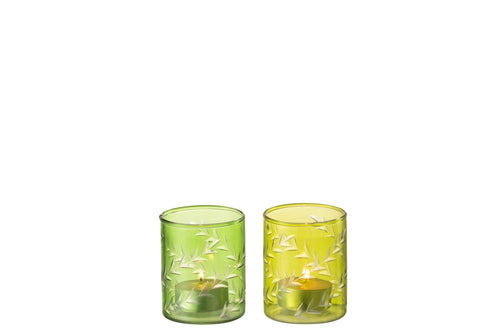 J-Line theelichthouder Bladeren - glas - groen - small - 2 stuks