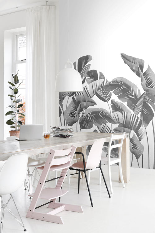 ESTAhome fotobehang grote bananenbladeren zwart wit - 200 x 279 cm - 158907 - vtwonen shop