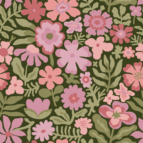 ESTAhome behang bloemetjes groen, roze en paars - 50 x 900 cm - 132293