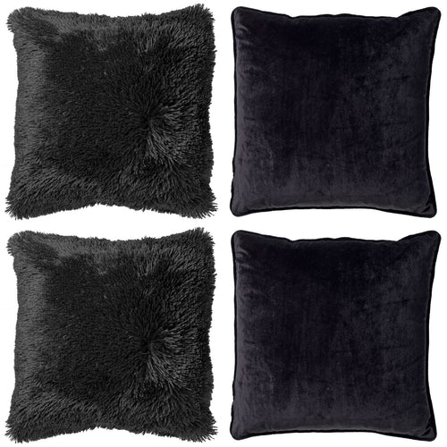KUSSENSET - 4-delig Fluffy & Velvet - 45x45 cm - inclusief binnenkussens - zwart