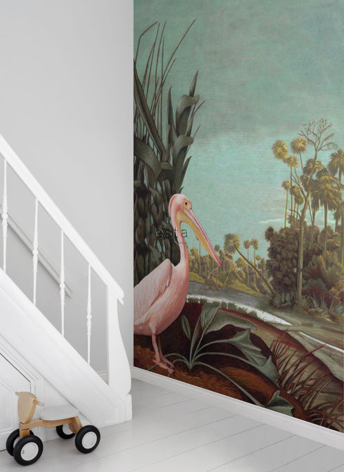 ESTAhome fotobehang tropisch landschap vergrijsd turquoise, bruin, donkergroen en licht roze - 200 x 279 cm - 158948 - vtwonen shop