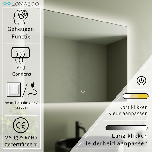 LOMAZOO badkamerspiegel Bryce - met LED verlichting & anti condens - rechthoekig - 80 x 60 cm