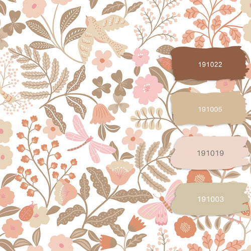 ESTAhome behang bloemen en vogels terracotta, taupe en roze - 53 cm x 10.05 m - 131391