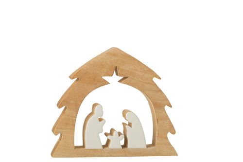 J-Line decoratie Kerststal Boom - hout - wit/naturel - medium