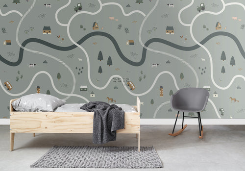 ESTAhome fotobehang tractoren en boerderijdieren vergrijsd groen - 200 x 279 cm - 159056 - vtwonen shop