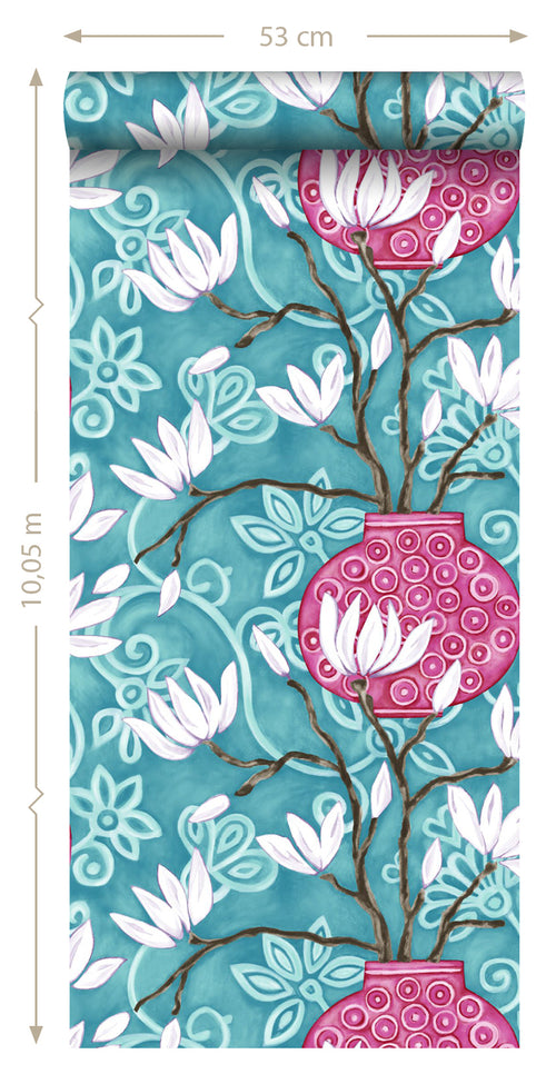 Origin Wallcoverings behang magnolia turquoise en roze - 53 cm x 10,05 m - 346925 - vtwonen shop