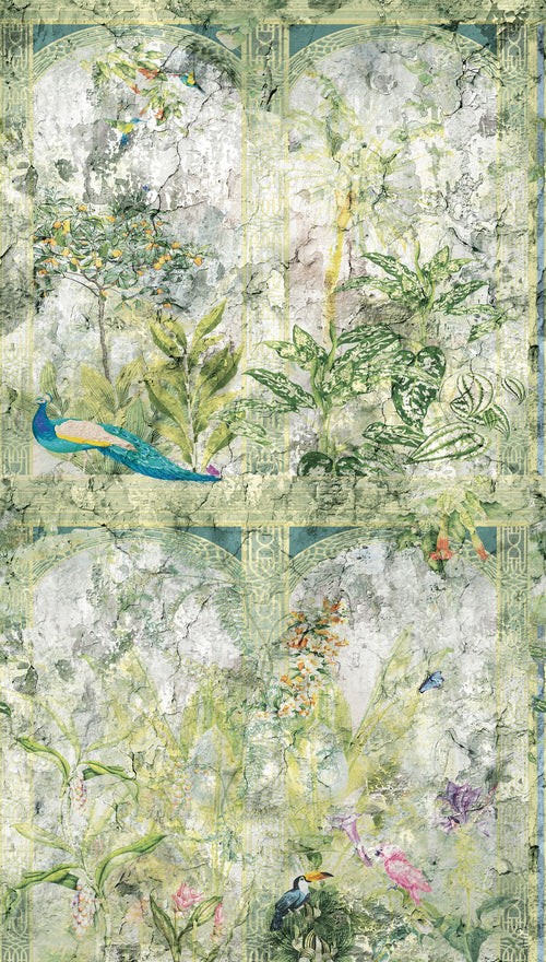 Livingwalls fotobehang tropische bladeren groen, blauw en grijs - 159 x 280 cm - AS-393321