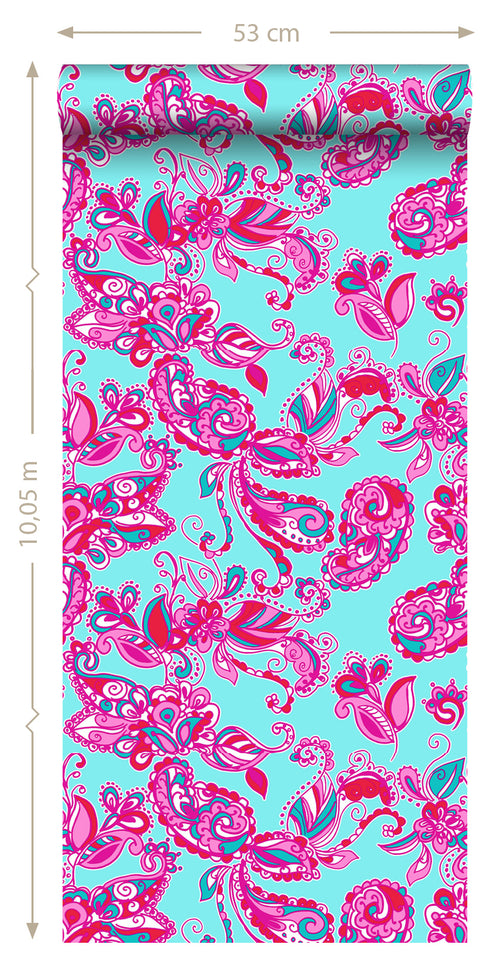 ESTAhome behang funky bloemen en paisleys turquoise en roze - 53 cm x 10.05 m - 136840