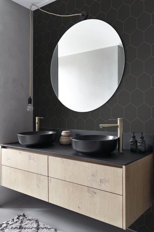 ESTAhome behang hexagon zwart en goud - 53 cm x 10.05 m - 139313
