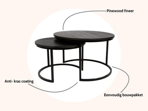 MaximaVida salontafel set Chicago zwart 58 en 45 cm - pinewood fineer - vtwonen shop