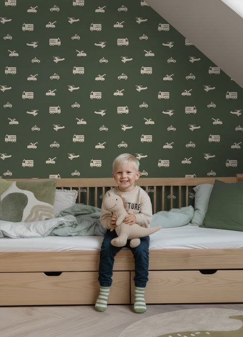 ESTAhome behang auto's, brandweerauto's, helikopters en kranen groen 50 x 900 cm 131455