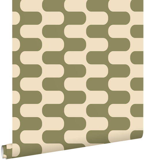 ESTAhome behang golvende lijnen groen en beige - 50 x 900 cm - 132142