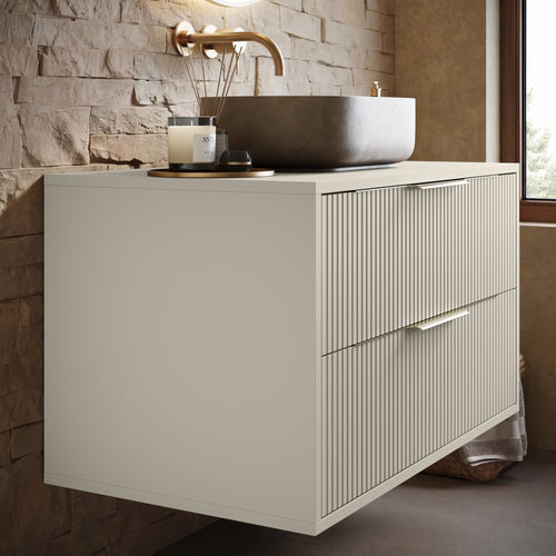 Badplaats Wastafelkast Rimini 80 cm – Beige – Hangend Badmeubel met 2 Lades en Gouden Handgrepen