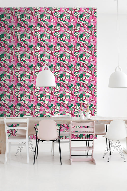 ESTAhome behang bloemmotief fuchsia roze, groen en wit - 50 x 900 cm - 131131