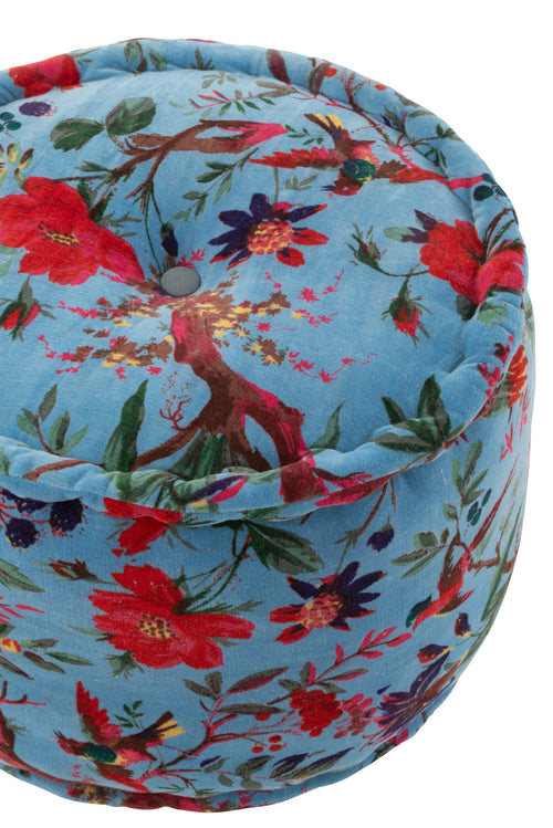 J-Line poef Rond Vogels Bloemen - katoen/fluweel - blauw
