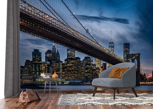 Sanders & Sanders fotobehang New York skyline blauw, geel en grijs - 375 x 270 cm - 601026