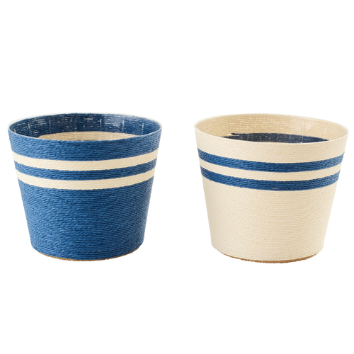 J-Line bloempot Gestreept - papier - wit/blauw - extra large - set van 2