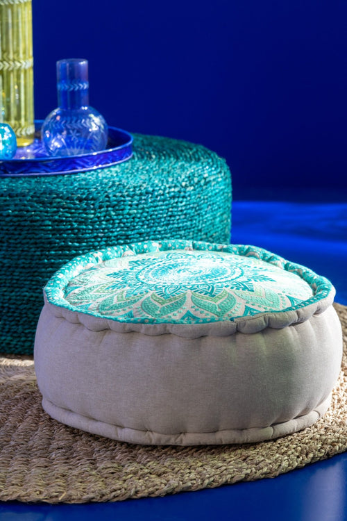 J-Line poef Rond Bloem - katoen - turquoise/blauw - 2 stuks