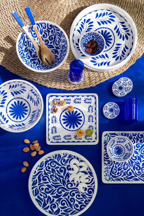 J-Line onderzetter Bloemen - hout - blauw/wit - set van 4