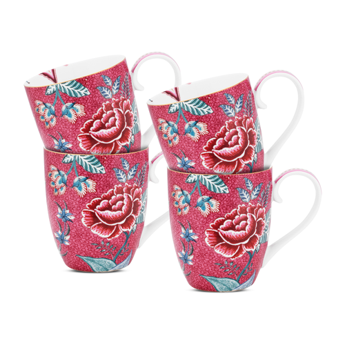 Pip Studio Flower Festival Mokken - Servies - Set van 4 Kopjes - Donkerroze - 450ml - vtwonen shop