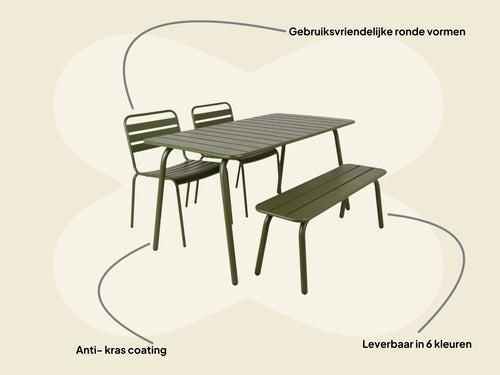 MaximaVida metalen tuinset Max 150 cm olijfgroen - 4-delig bank zonder rugleuning