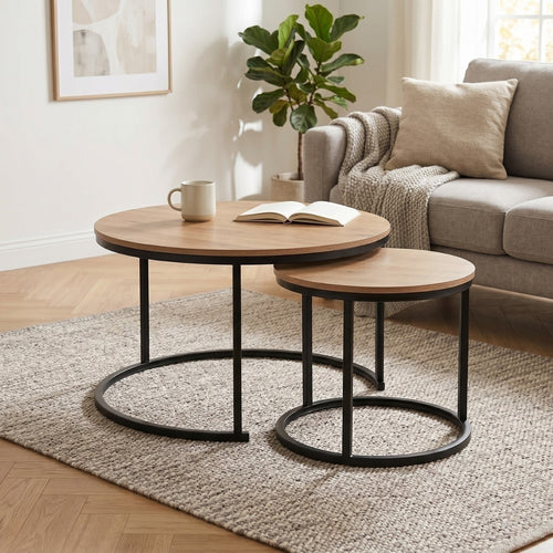 Calicosy - LENNY Set van 2 ronde salontafels - Eiken - 70x70x45,5 cm