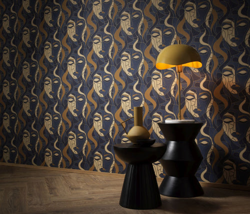 Erismann behang gezichten blauw en bruin - 53 cm x 10.05 m - 662382 - vtwonen shop