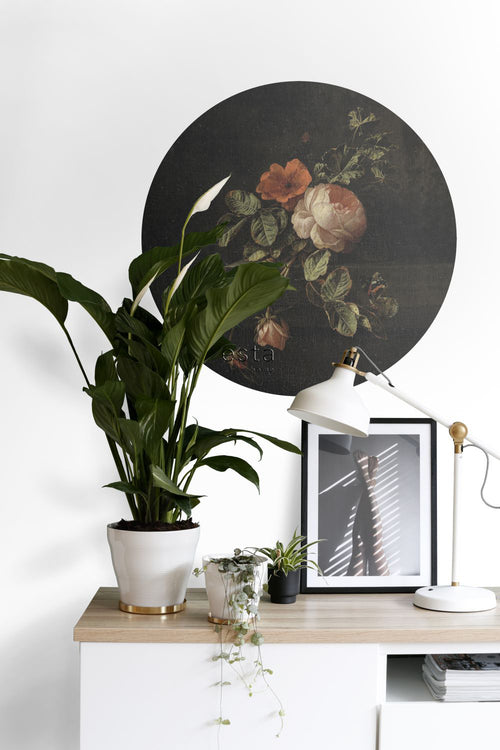 ESTAhome zelfklevende behangcirkel bloemstilleven donker rood en zwart - Ø 70 cm - 158990