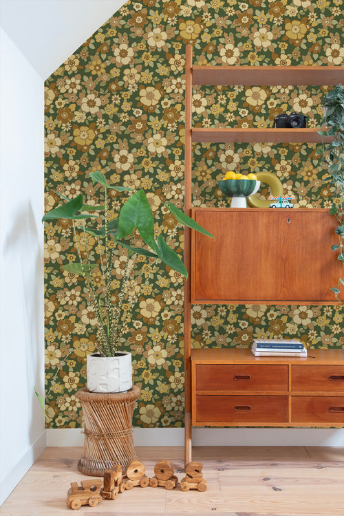 ESTAhome behang retro bloemen donkergroen en geel - 50 x 900 cm - 131528 - vtwonen shop