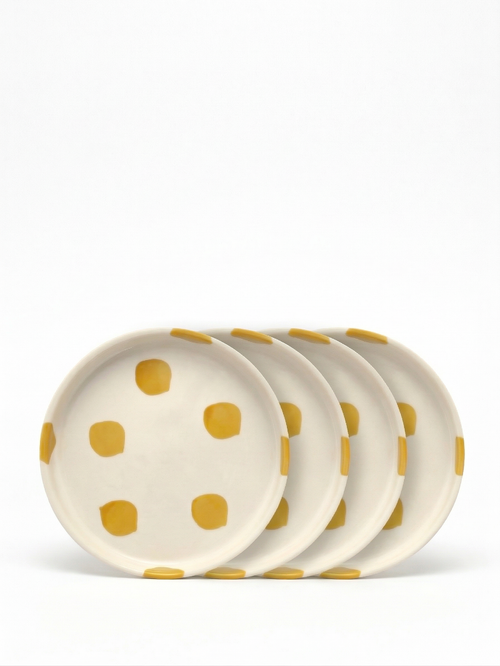 vtwonen - Gebaksbord - Stippen - Geel - Keramiek - 13cm - Set van 4