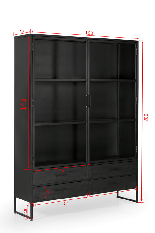 Giga Meubel Vitrinekast Marijn - Glas/Metaal - Zwart - 150x40x200cm - vtwonen shop