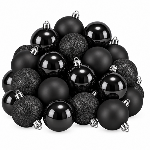 Mica Decorations Kerstballen Zwart 27 stuks - Onbreekbare Kerstballenset - Diameter 8 cm - Mix van Mat, Glanzend en Glitter - Kerstboomversiering voor