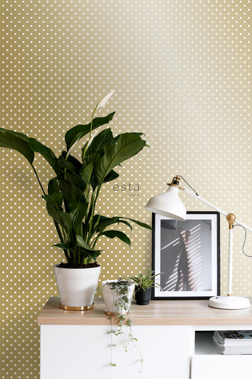 ESTAhome behang stippen glanzend goud en wit - 53 cm x 10.05 m - 139114