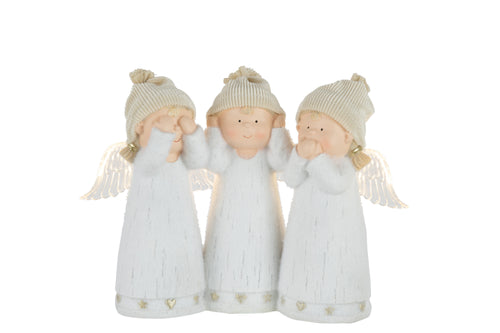 J-Line figuur Engel Horen/Zien/Zwijgen - polyresin - wit - LED lichtjes